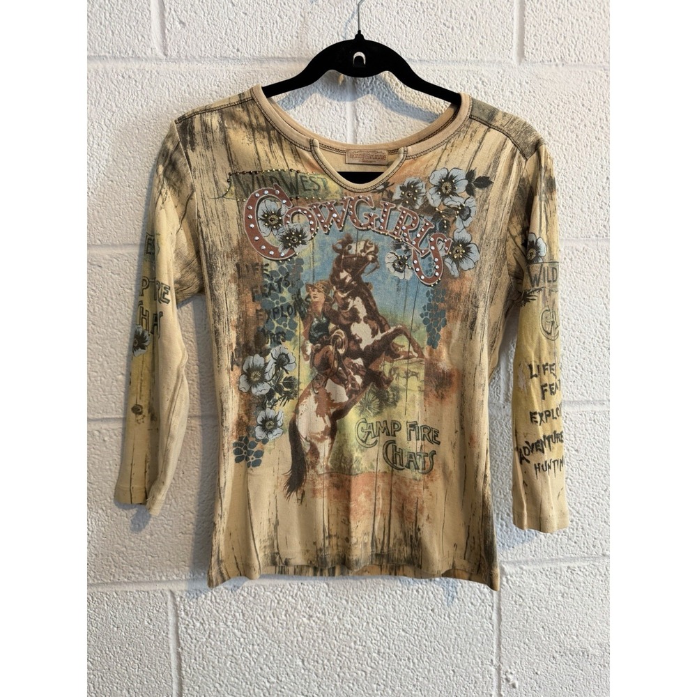 Y2K Skinny Minnie Cowgirl Horse Rhinestone Western Graphic Top Womens M